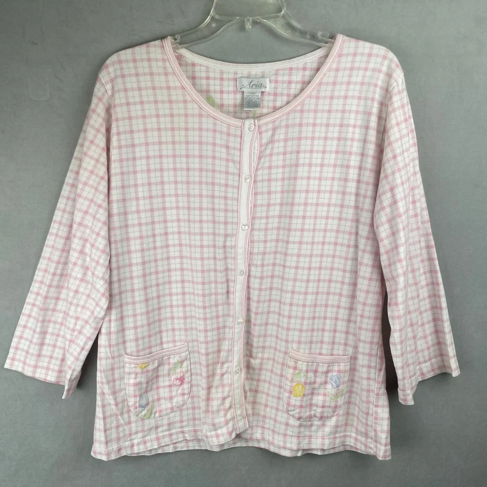Aria Wmn L Pink White Plaid Button Sleep Shirt Top Floral Pockets Cotton Cottage